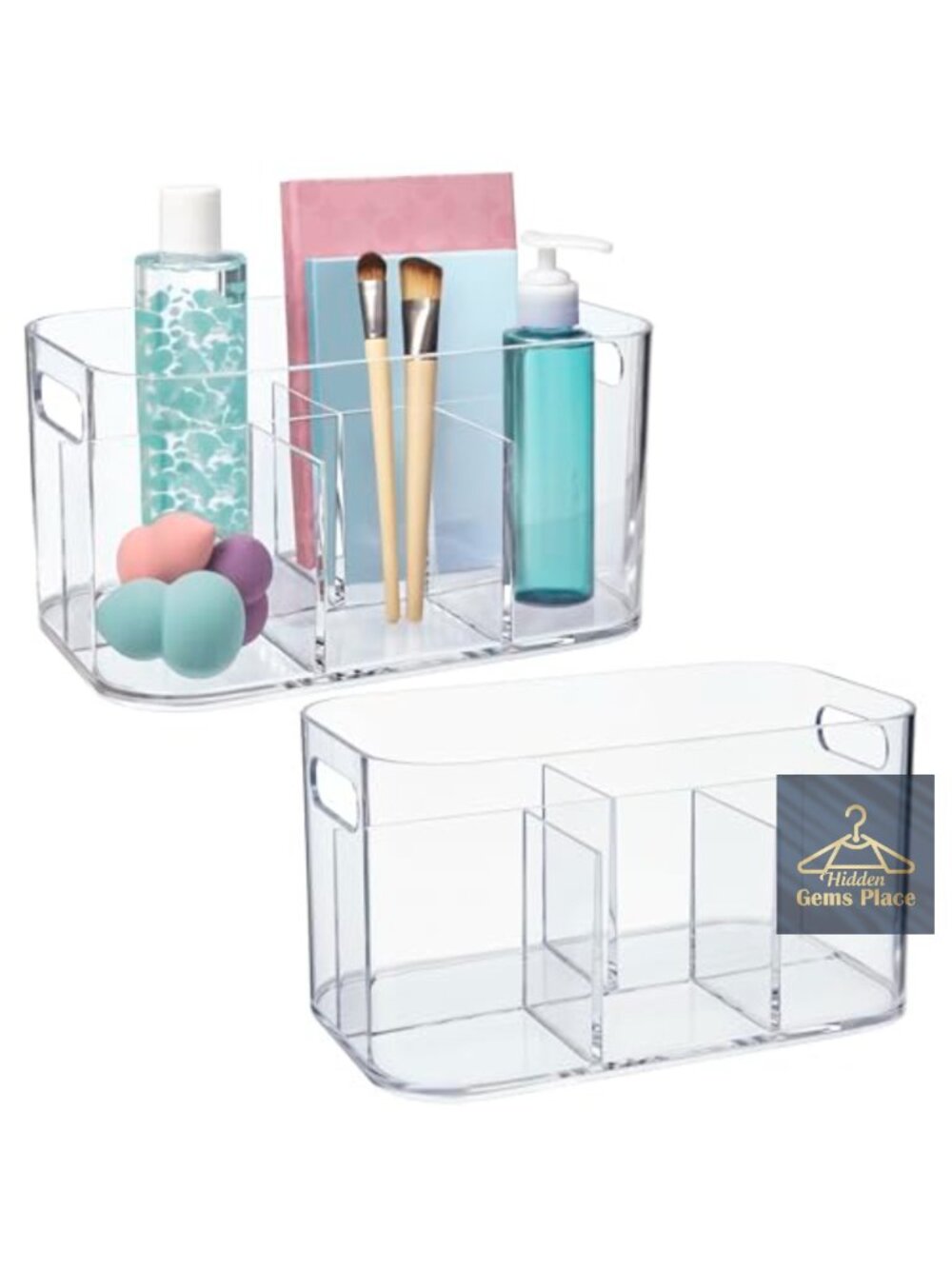 Clear Divided Makeup Organizer Set of 2 with Handles, 5 Compartments